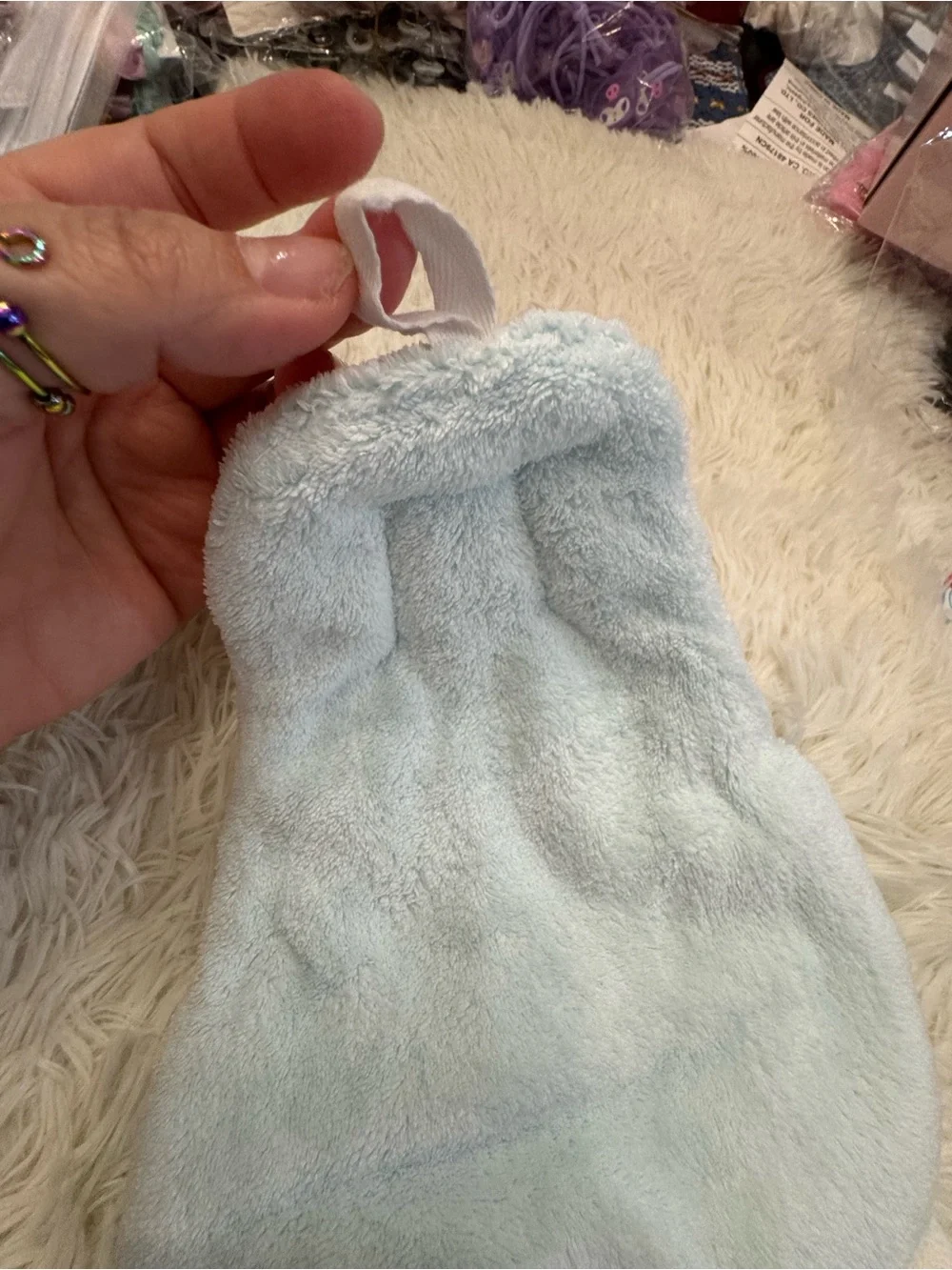 Plush Bunny Ears Hooded hand towel bathroom kitchen hanging - Light Blue & White